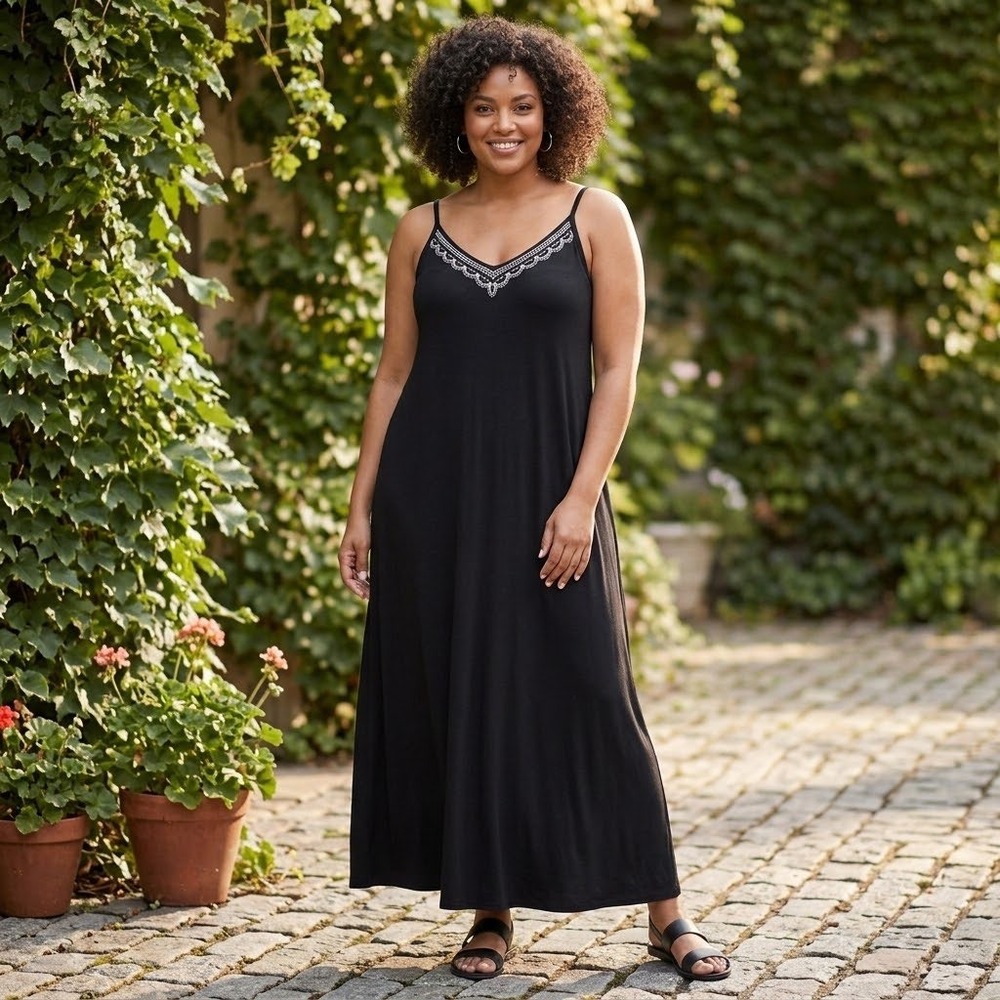 Penn Penningtons Embroidered V-Neck Maxi Dress Black Womens‎ 1X Boho